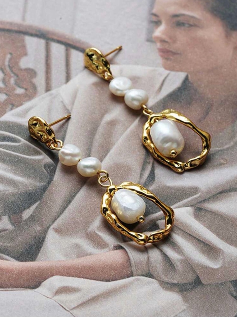 Gold and White Pearl Drop Earrings - Picture 2 of 6